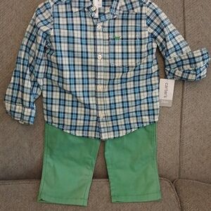NWT Carter's Toddler Boy 2 Pc Blue and Green Plaid Shirt & Pant Set, Sz 24 mo.